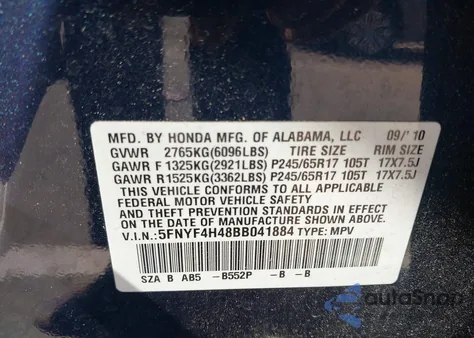 2011 Honda Pilot Ex из США, поврежденный, VIN 5FNYF4H48BB041884